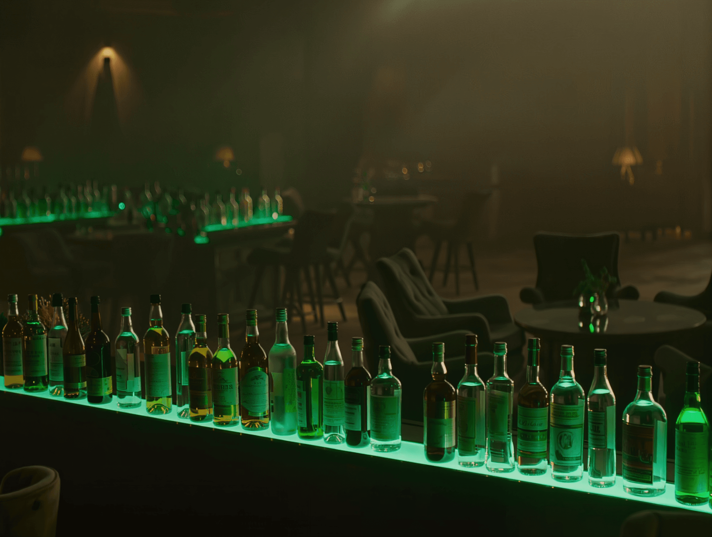 Lounge bar with backlit bottles under green light