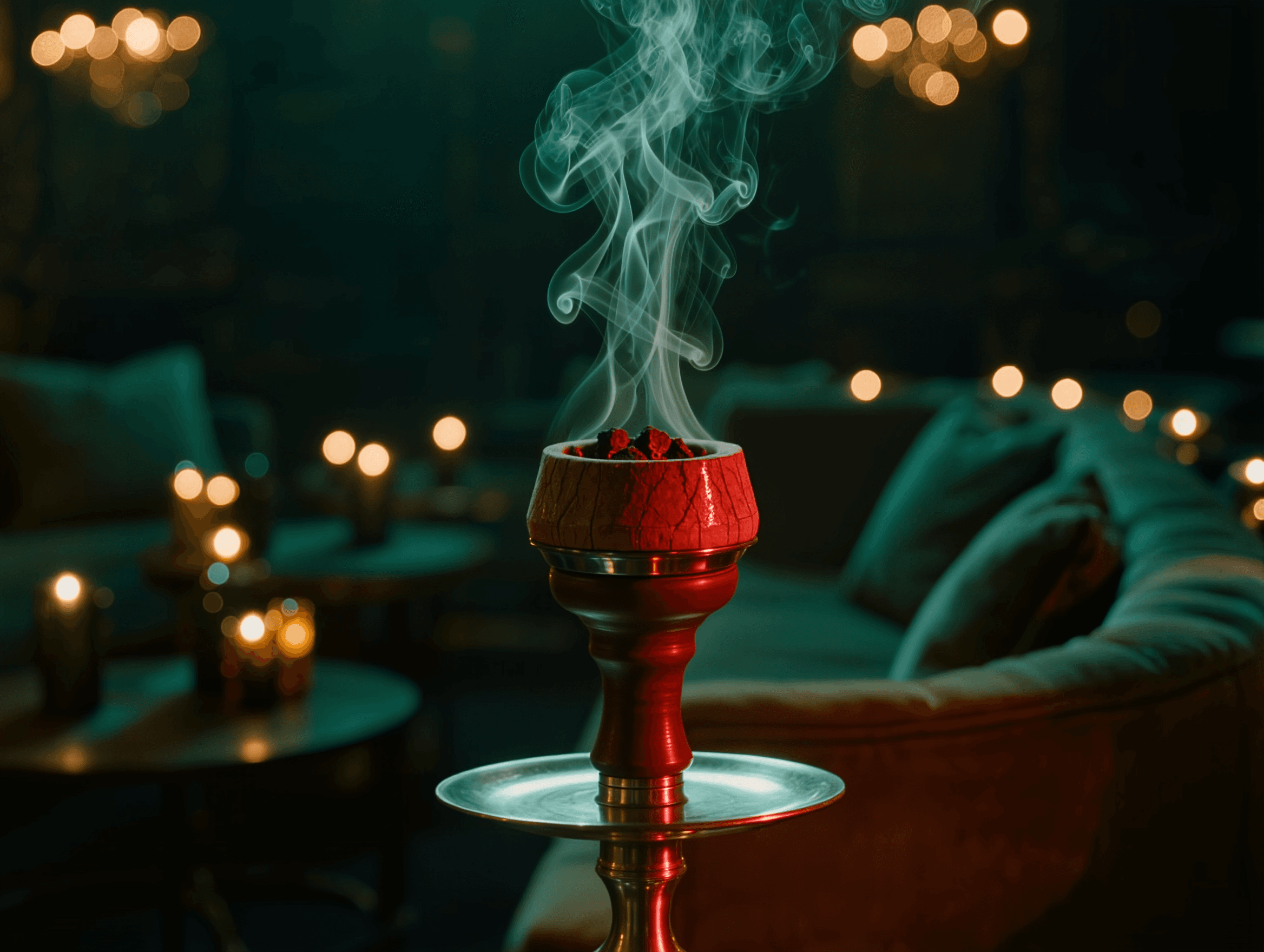 Hookah pipe with glowing coals and rising smoke