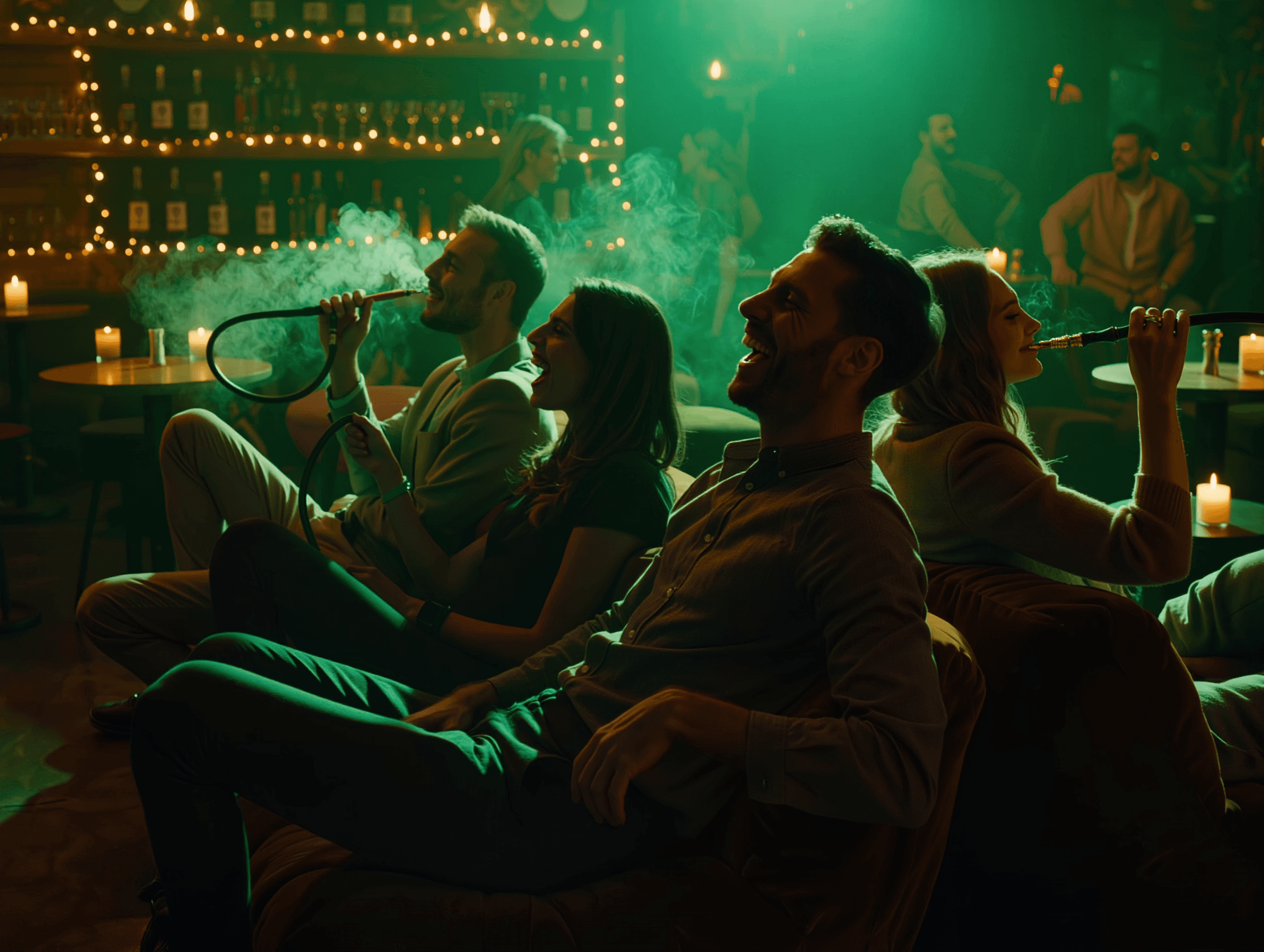 Friends lounging with hookah and smoke under green light at MINT